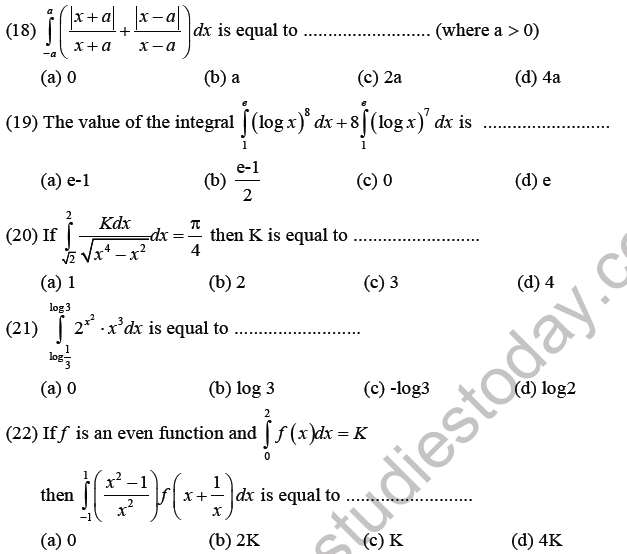 JEE Mathematics Definite Integration MCQs Set A, Multiple Choice Questions